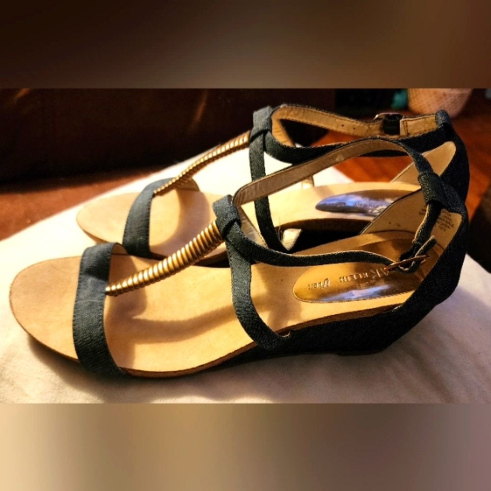 Anne Klein Iflex Jarica Wedge Sandals Blue Denim & Gold, SIZE 8 1/2